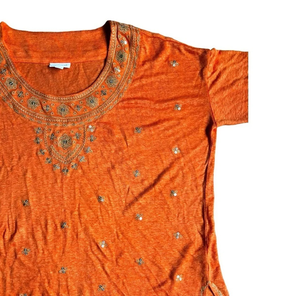 J. Jill Love Linen Shirt Blouse Top Sz Medium Orange Embroidered Sequin Boho - Picture 4 of 12